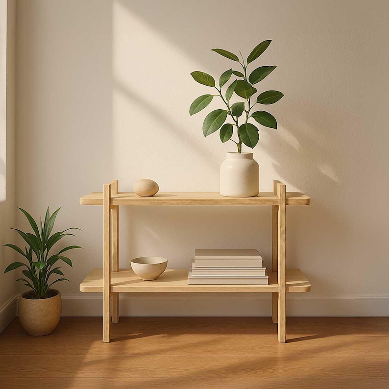 May include: A light wood two-tiered shelf with a plant in a beige vase, a small bowl, a stack of books, and a decorative stone. A potted plant sits on the floor to the left. The room has a neutral colour palette.