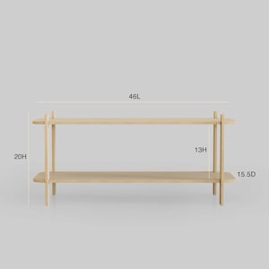 May include: A wooden shelf unit with two shelves. The shelf is 46 inches long, 20 inches high, and 15.5 inches deep.