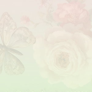 May include: A delicate white butterfly with intricate wing patterns flies over a soft, pastel pink and green floral background.