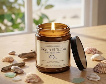 Sea Salt & Orchid Soy Candle, Ocean Tonka, Apothecary Amber Jar Candle, Chemistry Gift for Scientists
