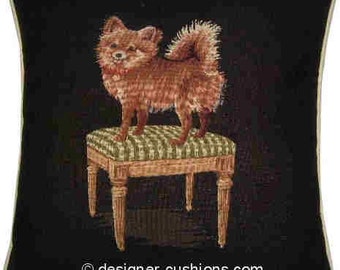 Papillon on a Green Stool Black Tapestry Cushion Cover Sham