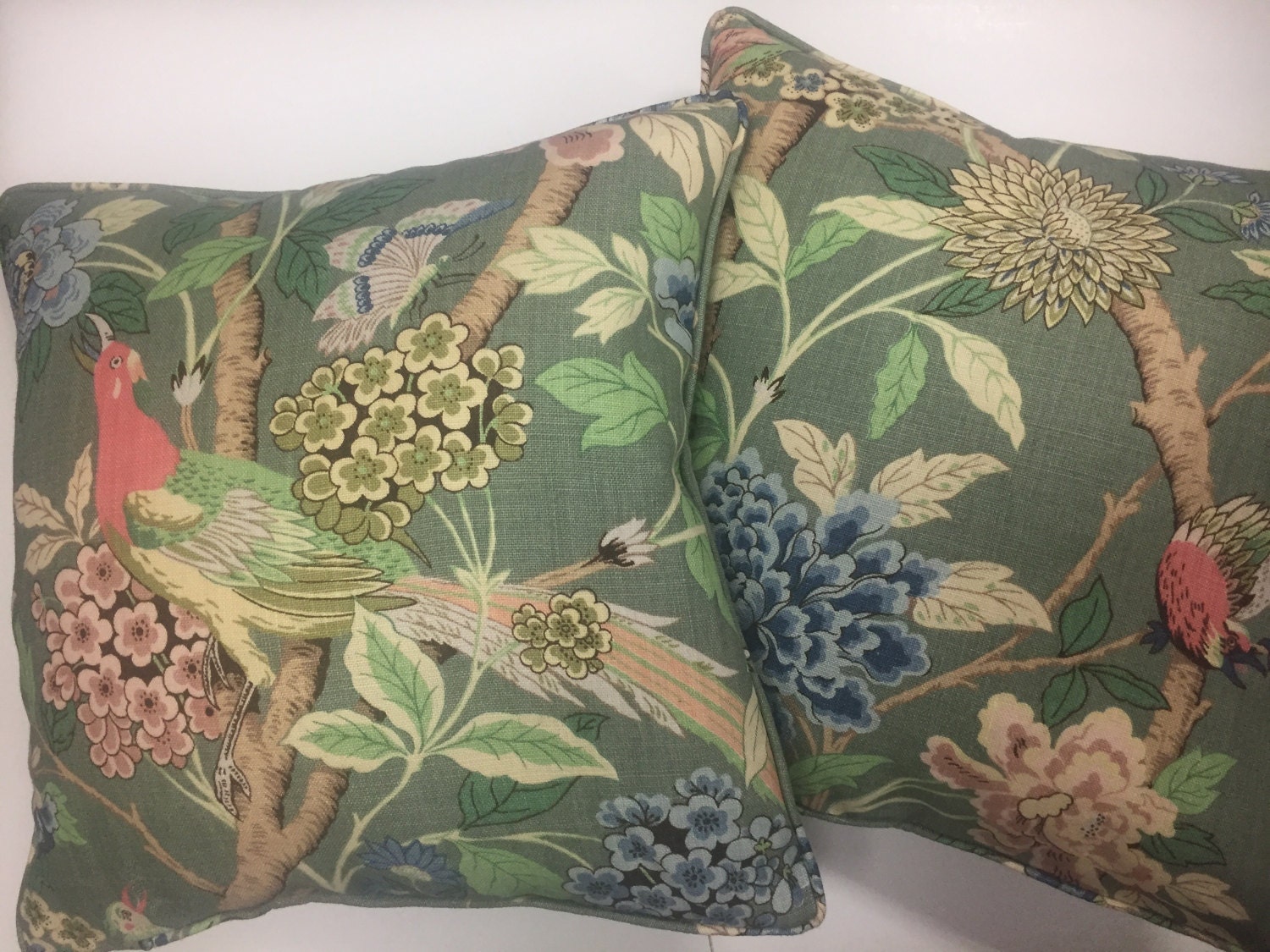Pair GP & J Baker Hydrangea Bird Dark Green Linen Cushion Etsy