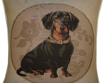 Dachshund in Circle Silver Woven Tapestry Cushion Cover Sham