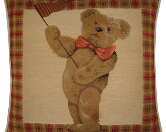 Red Teddy Bear Flag Woven Tapestry Cushion Cover Sham
