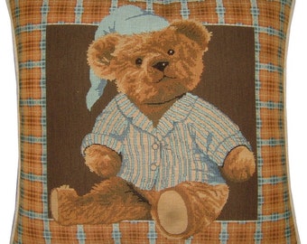Blue Teddy Night Time Woven Tapestry Cushion Cover Sham