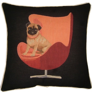 Pug on a Red Retro Chair Black Tapestry Cushion Cover Sham image 1