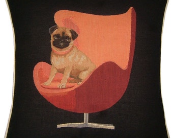 Pug on a Red Retro Chair Black Tapestry Cushion Cover Sham
