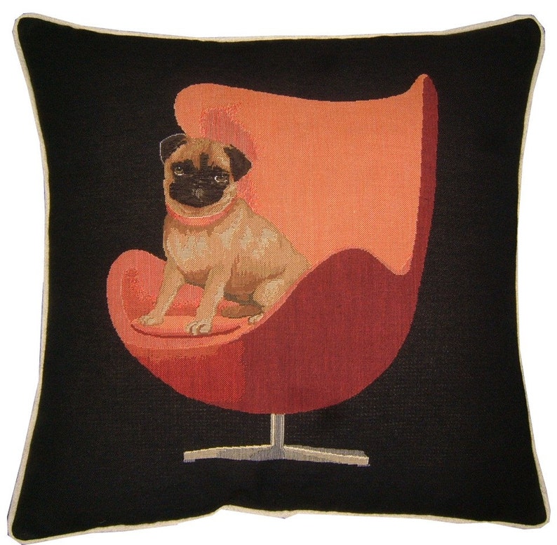 Pug on a Red Retro Chair Black Tapestry Cushion Cover Sham image 1