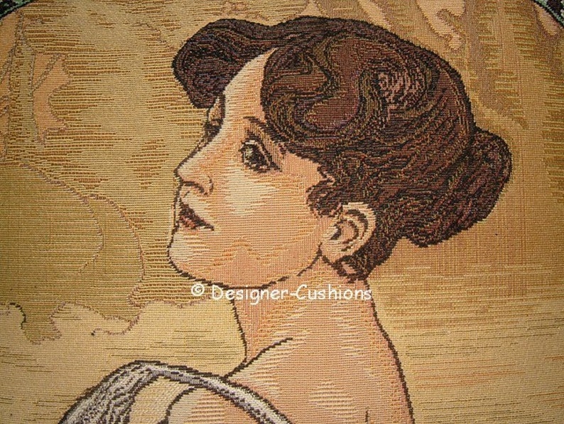May include: A tapestry featuring a woman with brown hair, wearing a white dress. The background is a light brown color with a textured pattern.