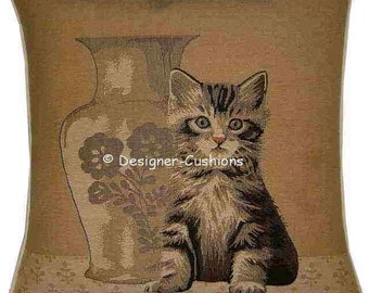 Tabby Kitten by Vase Tapestry Cushion Cover Sham