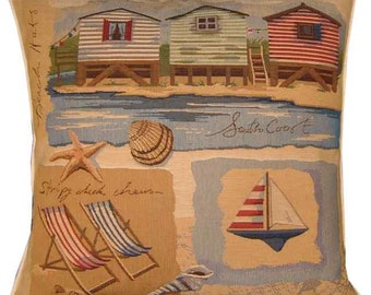 Beach Theme South Coast Beach Huts Tapestry Cushion Cover Sham