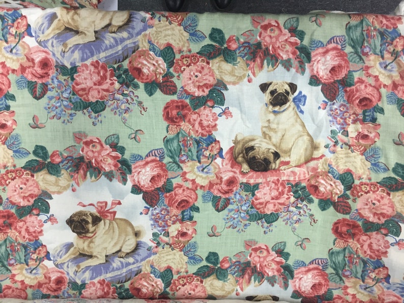 Lee Jofa Pugs & Petals green linen fabric by the yard Free | Etsy