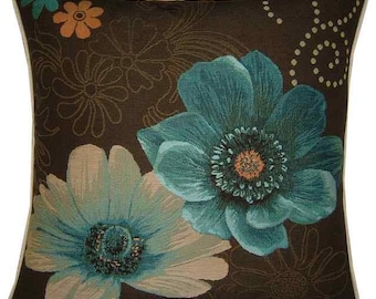 Gerbera Flowers Blue Tapestry Cushion Cover Sham