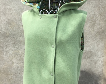 BNWOT Original OOAK Upcycled 100% NZ Wool Ladies Sage Green Hooded Vest - Size Small - Lined in Kaffe Fassett Collective Fabric