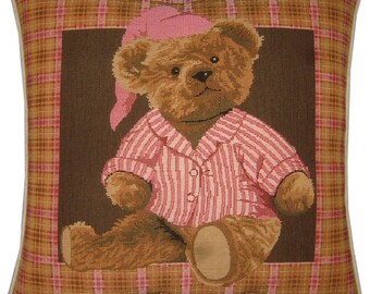 Pink Teddy Night Time Woven Tapestry Cushion Cover Sham