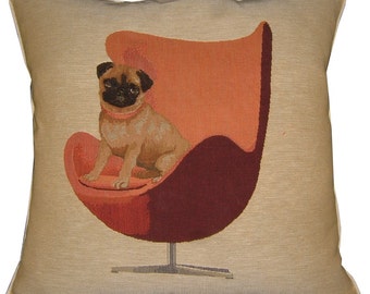 Pug on a Red Retro Chair Cream Tapestry Cushion Cover Sham