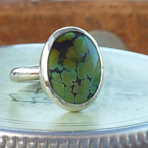 Green spider web Turquoise and silver ring