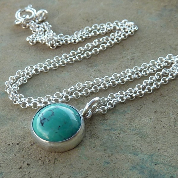 Turquoise necklace, birthstone necklace, round turquoise cabochon pendant hang from sterling silver chain