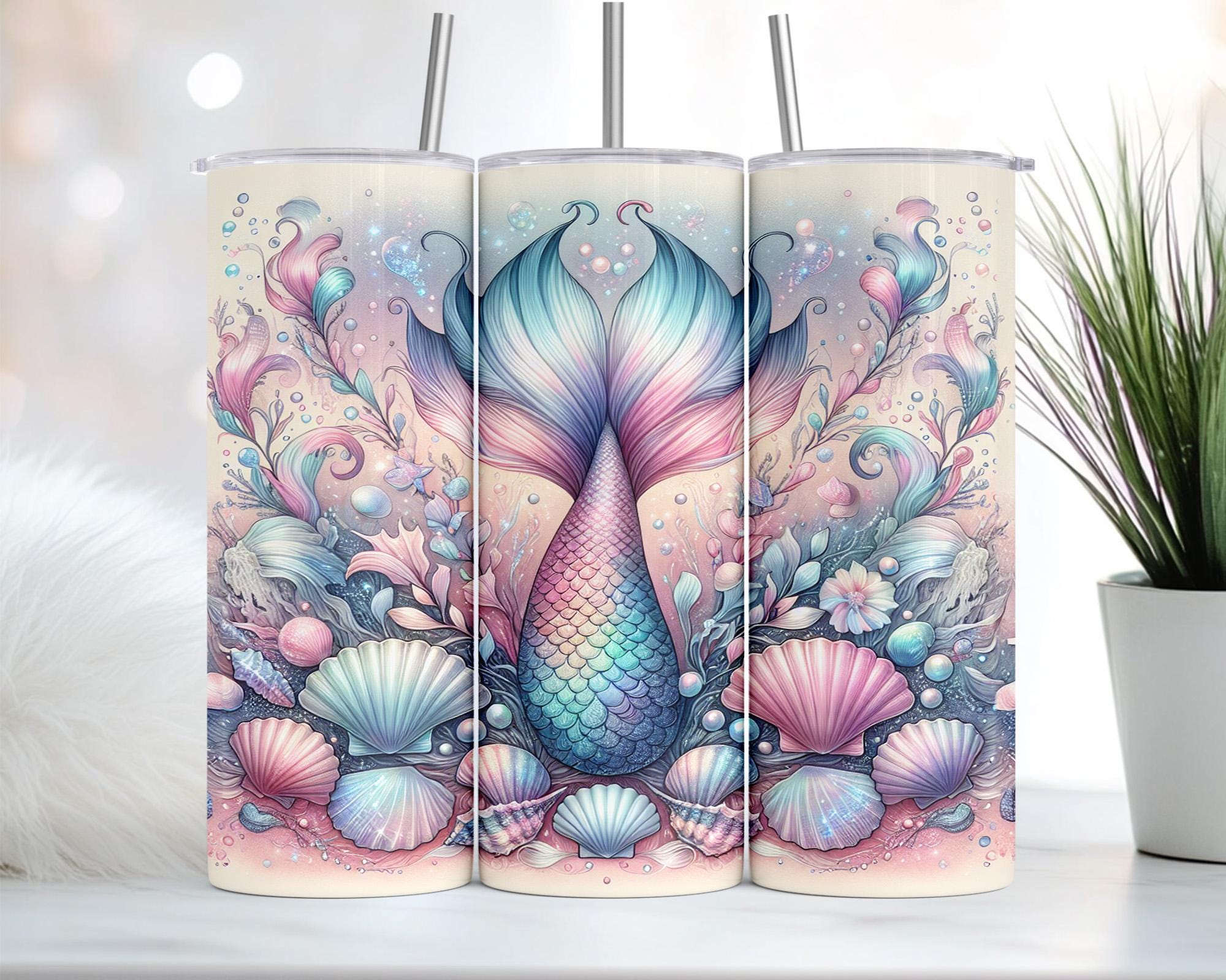 Meerjungfrau-Skala-Becher-Verpackung, Unterwasserozean 20 Unzen Sublimationsbecher-Design, glitzernder pastell schillernder Strandbecher Png-Design