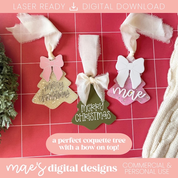 Coquette Christmas Tree Ornament, Christmas Tree Bow SVG, Coquette Christmas Bow SVG,  Trendy Christmas Laser File, Girly Christmas Tree SVG