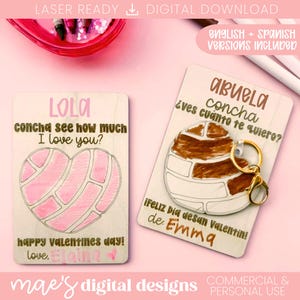 May include: Two wooden Valentine's Day gifts. One features a pink heart-shaped concha with the text "LOLA concha see how much I love you?" and "happy valentines day!" The other has a concha keychain with the text "ABUELA concha ¿ves cuanto te quiero?" and "¡Feliz Día desan Valentin!"