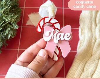 Coquette Candy Cane SVG, Candy Cane Bow SVG, Girly Christmas Ornament, Coquette Christmas Laser File
