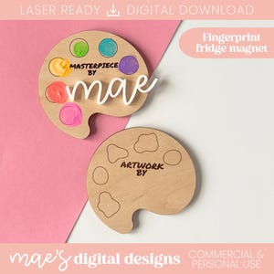 May include: A wooden paint palette with a fingerprint area and the text "Masterpiece by mae" and "Artwork by". The palette is a light brown color and has a pink background.