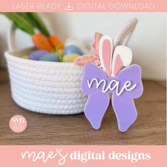 Coquette Easter SVG, Girly Bow Easter Tag SVG, Girly Easter Basket Tag, Bunny Ear Bow Easter SVG, Bunny Ear Coquette Bow Tag Laser File