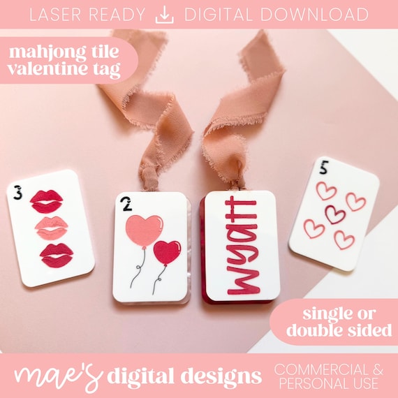 Mahjong Valentine SVG, Girly Valentine Tag SVG, Mahjong Tile Valentine Laser File, Girly Mahjong SVG, Unique Valentine Laser File