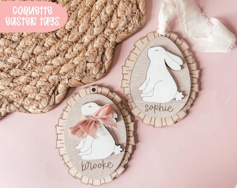 Etichetta per cestino pasquale Coquette SVG, etichetta per pasqua moderna SVG, file laser coniglietto boho, etichetta per Pasqua Coquette SVG, etichetta per Pasqua con uovo arricciato