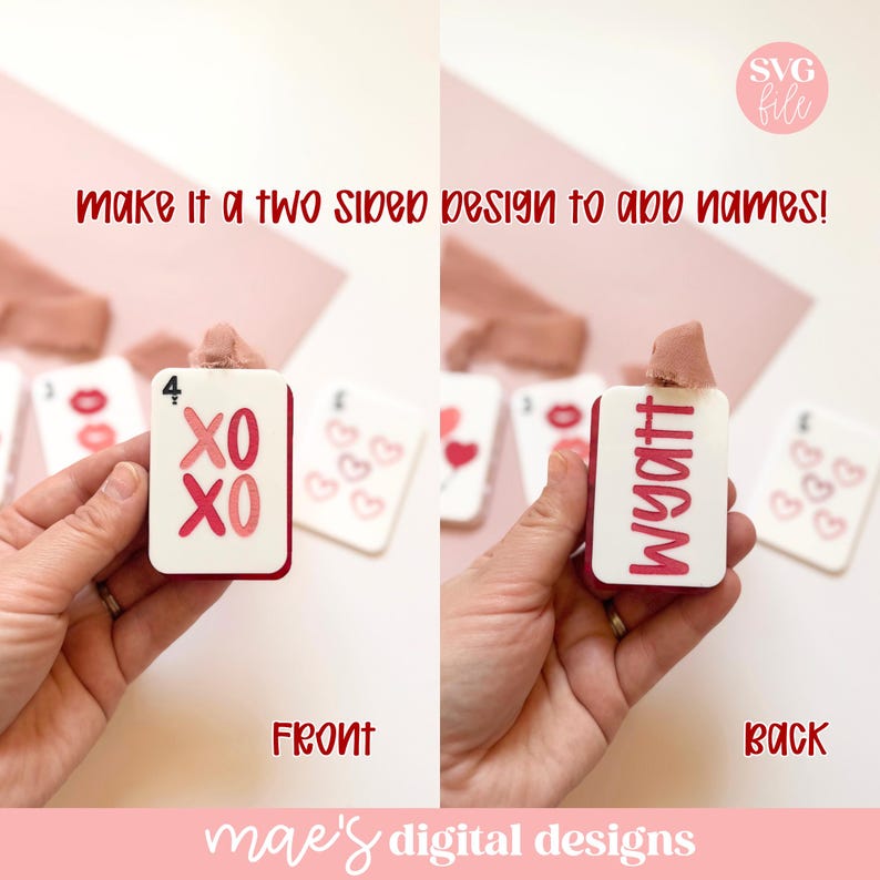 May include: A white and red card with "XO XO" and the number 4 on the front, and the name "Wyatt" on the back. The card is held in a hand. Other cards with hearts and lips are in the background. Text reads "make it a two sided design to add names!"