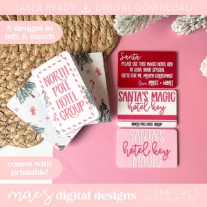 Puede incluir: Descarga digital con diseños navideños, incluyendo tarjetas North Pole Hotel Group y tarjetas Santa's Magic Hotel Key en rojo y rosa. Los diseños están listos para láser e imprimibles. Incluye el texto "8 designs to mix & match".