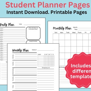 Puede incluir: Seis páginas de planificador estudiantil imprimibles en blanco y negro. Las páginas incluyen un plan diario, un plan semanal y un plan mensual. El plan diario tiene espacio para objetivos y prioridades. El plan semanal tiene espacio para un rastreador de hábitos y una lista de compras. El plan mensual tiene una cuadrícula para cada día del mes.