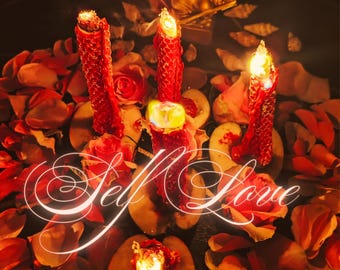 May include: A candlelit display with the words "Self Love" in elegant script. Red pillar candles are surrounded by rose petals and slices of fruit. A golden statue is in the background, creating a warm, inviting atmosphere.