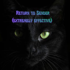 Könnte beinhalten: Nahaufnahme eines schwarzen Katzenkopfes mit leuchtend grünen Augen. Der Text "RETURN TO SENDER (EXTREMELY EFFECTIVE)" steht in Lila und Blau über dem Kopf der Katze, vor dunklem Hintergrund.