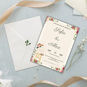 シックな花柄の結婚式招待状 | 素朴な花柄の結婚式招待状 | カスタマイズ可能な PDF 花柄の結婚式招待状 | 結婚式招待状の即時ダウンロード