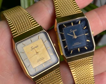 ELGIN Crystal Men's Gold Watch Rectangular Crystal Black Dial Gold