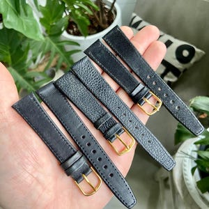 Vintage 18mm black leather watch strap 80’s 70’s new old stock with gold buckle