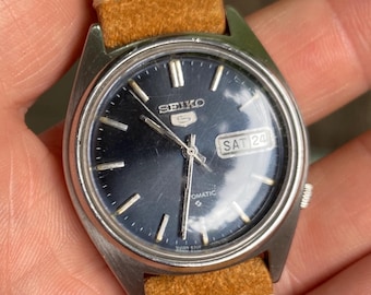 Vintage Seiko 5 Automatic Watch: Blue Dial, Suede Leather Strap
