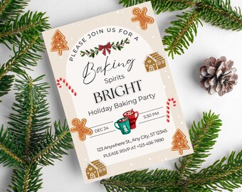 May include: A beige invitation card with a festive holiday baking party theme. The card features illustrations of gingerbread men, candy canes, and a gingerbread house. The text reads "Please join us for a Baking Spirits Bright Holiday Baking Party, Dec 24, 5:30 PM, 123 Anywhere St, Any City, ST 12345, Please RSVP at +123-456-7890".