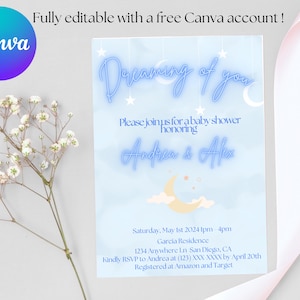 Sognando te, modello di invito modificabile per baby shower. Download istantaneo e compatibile con l'account Canva gratuito. Pintabile o inviato come PDF