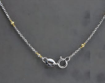 Silver Trace Chain Necklace with Gold Beads - Two-Tone Minimalist Jewelry