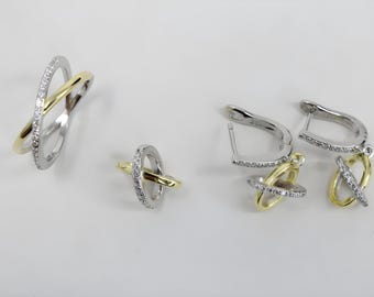 Two-Tone Infinity Diamond Jewelry Set: Sterling Silver & Gold Earrings and Ring