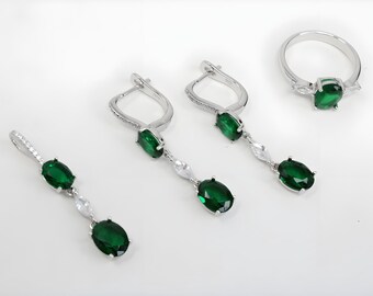 Emerald Diamond Jewelry Set: Sterling Silver Ring, Drop Earrings & Pendant