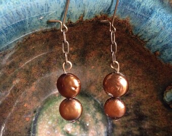 Copper Coin Pearl Earrings