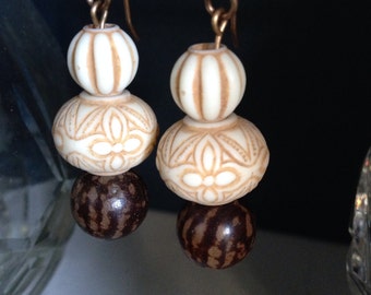 Carved Bone & Buri Root Dangles