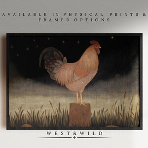 Folk Art Rooster Print - Nighttime Stump Scene with Stars - Whimsical Rustic Wall Decor for Farmhouse Kitchens