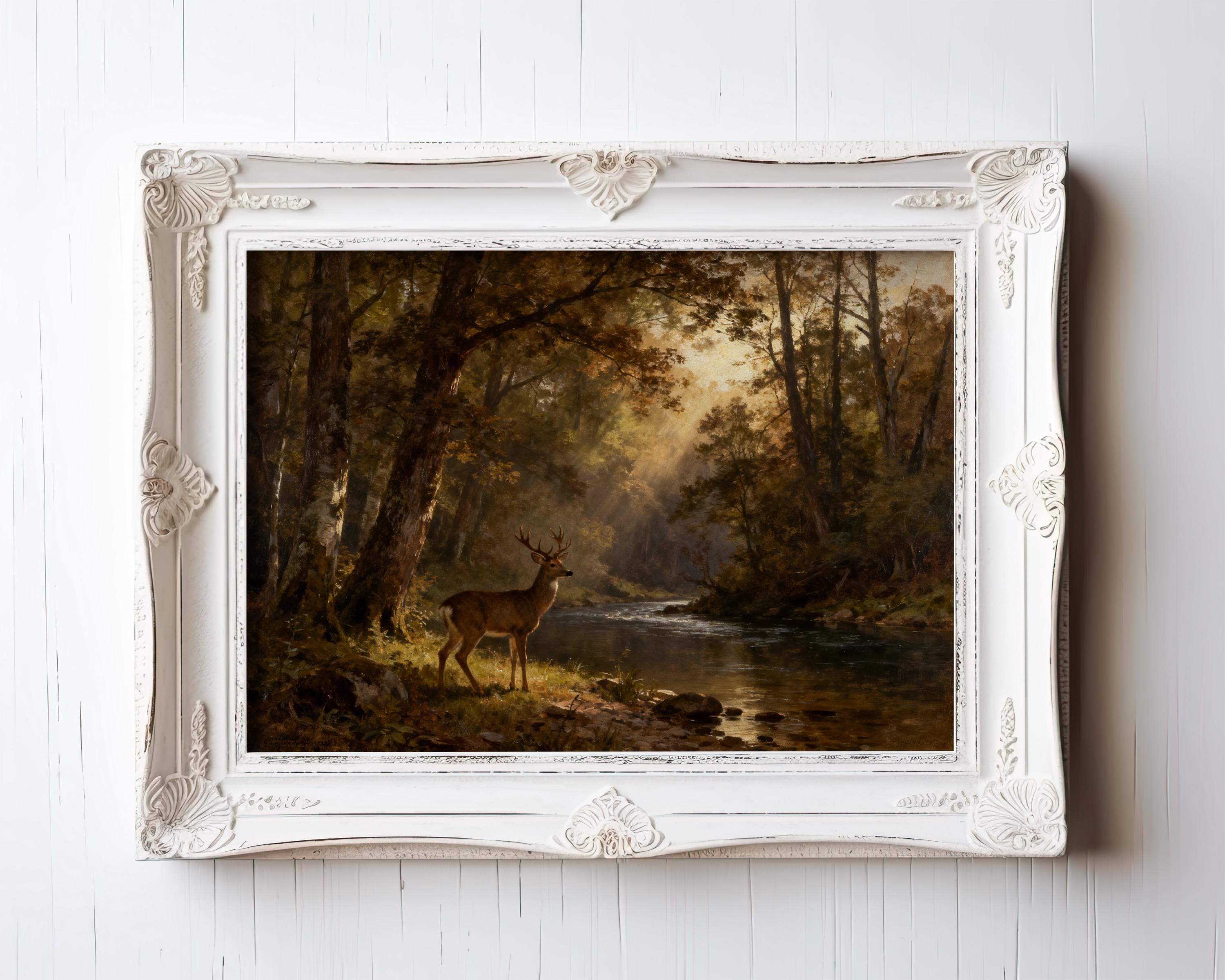 Deer by the River Art Print – Vintage Woodland Landscape, Rustic Cabin ...