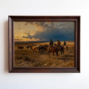 Cowboys Herding Cattle Across the Prairie, Western Ranch Scene Art Print of the American West – Framed or Unframed.
