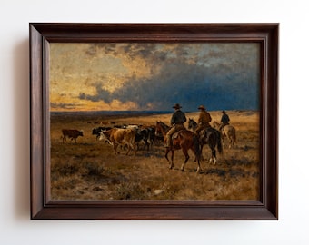 Cowboys Herding Cattle Across the Prairie, Western Ranch Scene Art Print of the American West – Framed or Unframed.